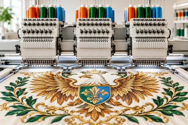 Illustrative embroidery machine stitching a detailed eagle crest