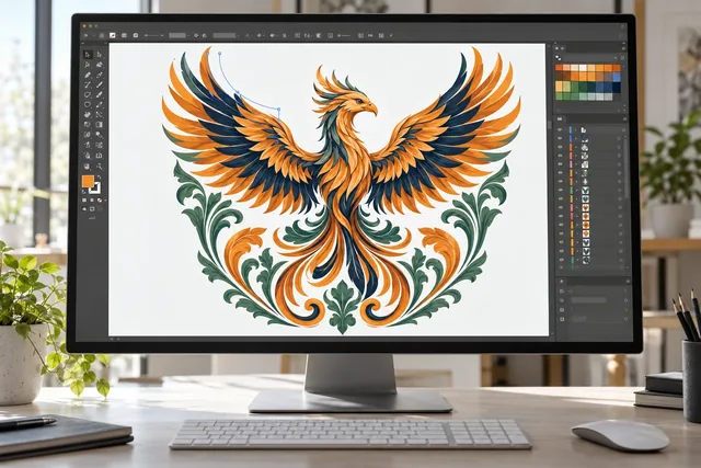 Illustrative embroidery machine stitching a detailed eagle crest