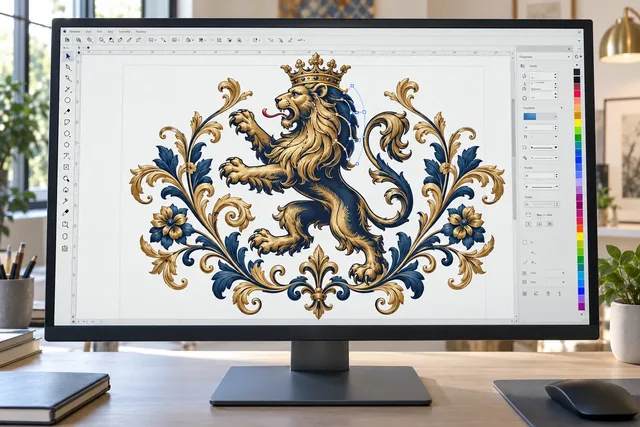 Illustrative embroidery machine stitching a detailed eagle crest
