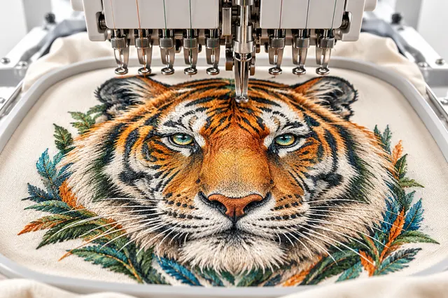 Illustrative embroidery machine stitching a detailed eagle crest