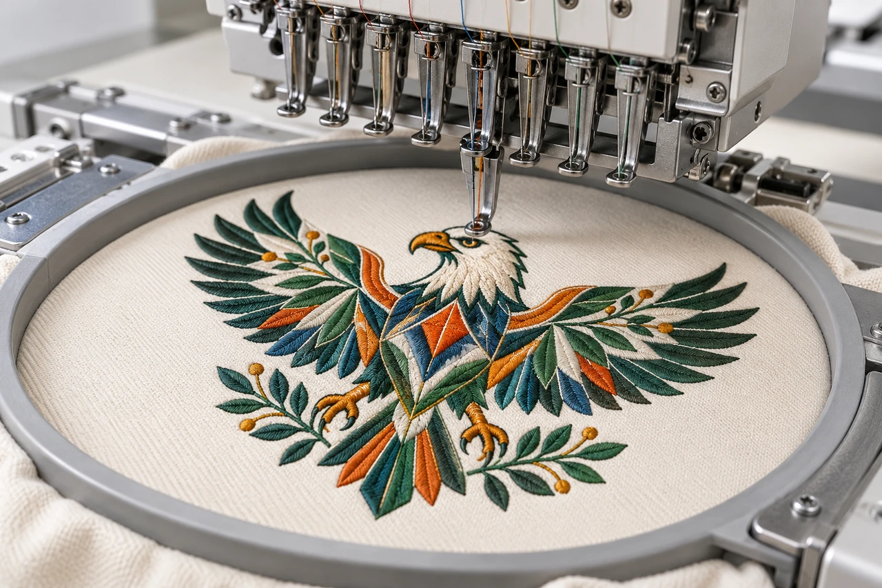 Illustrative embroidery machine stitching a detailed eagle crest