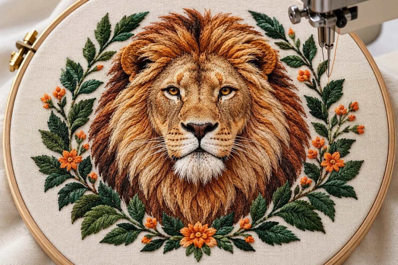 Illustrative Photoreal macro image of richly shaded dimensional embroidery depicting a magnificent original lion head surrounded by dark-green leaves and small orange flowers on ivory linen, hoop and a small part of professional needle assembly visible. Dense fine thread craftsmanship, full central motif clearly visible.
