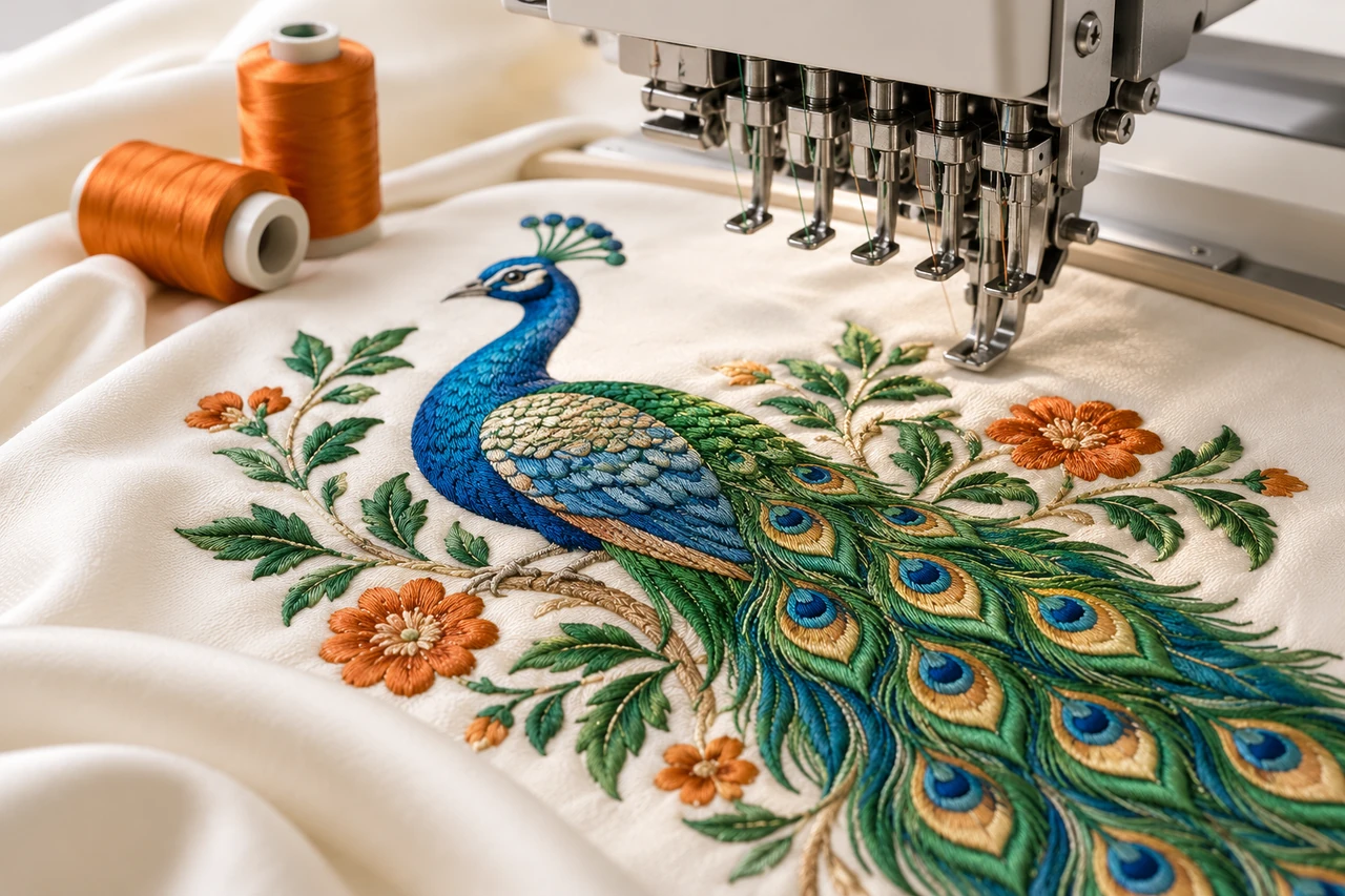 Illustrative Premium editorial textile still life: embroidered intricate green-and-blue peacock motif on ivory fabric centered, two small orange thread spools and the presser-foot detail of a professional embroidery machine partly visible behind. Clean bright quiet studio, realistic satin and fill stitching, no documents, no text.