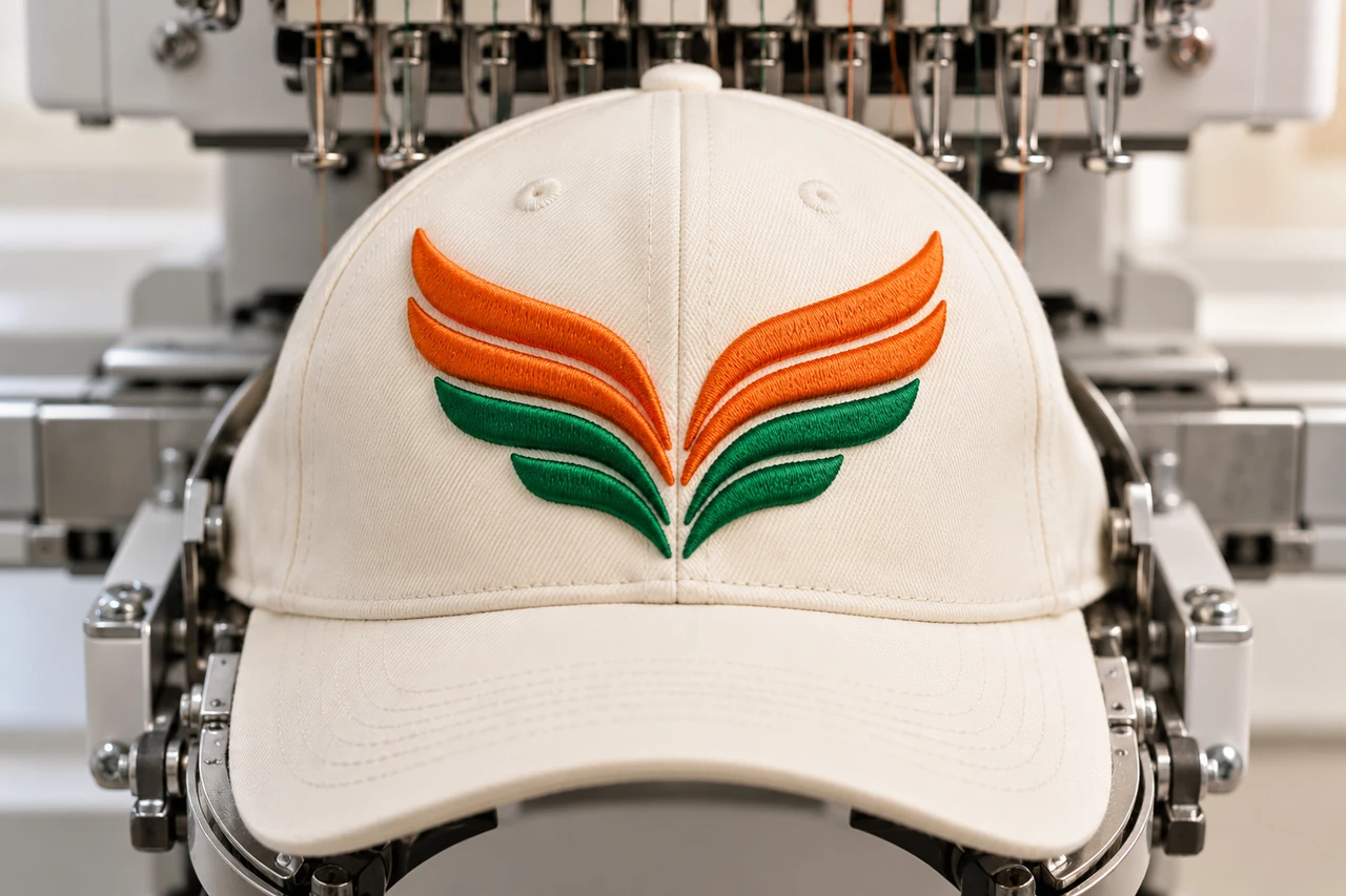 Illustrative Photoreal product photograph of a cream baseball cap in a specialized embroidery-machine cap frame, a bold raised 3D puff embroidered abstract geometric wing emblem in orange and forest green, no letters. Real thick satin stitch edges, professional machine head softly behind, bright light studio.