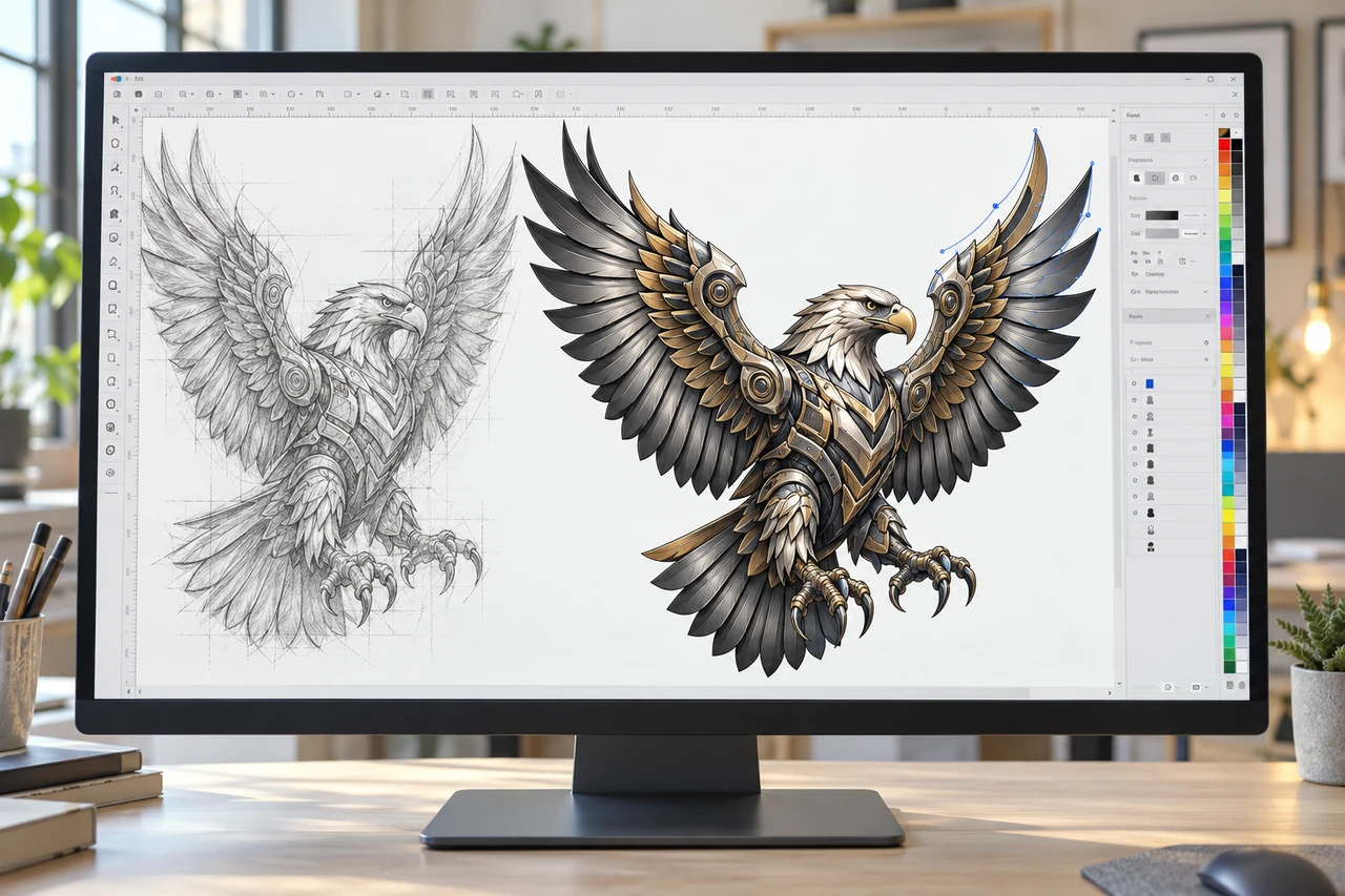 Illustrative CorelDRAW-style vector redraw workspace