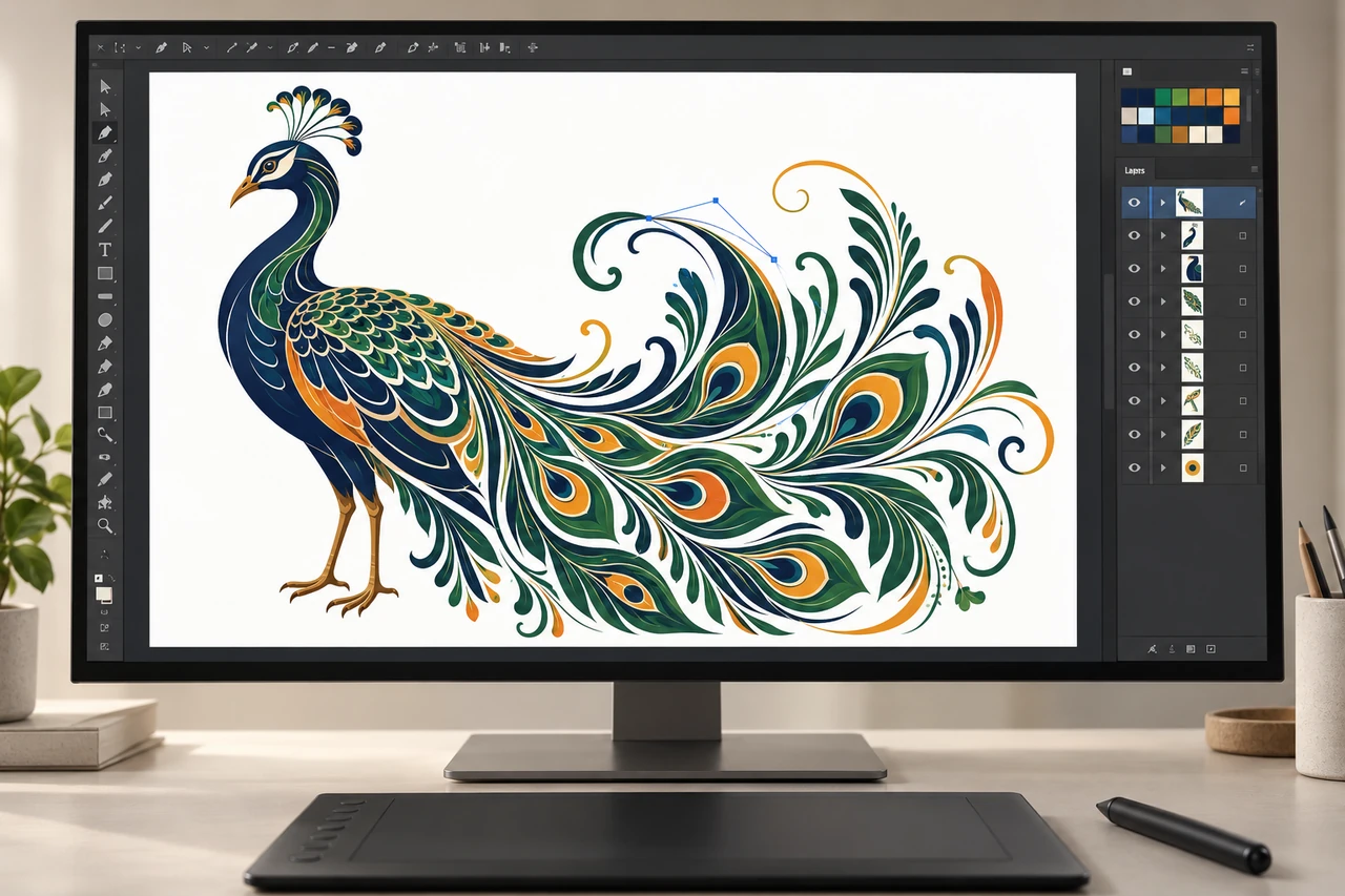 Illustrative Illustrator/CorelDRAW-style workspace with complex peacock vector artwork